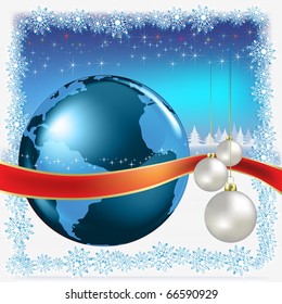 christmas white balls with globe on blue background