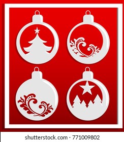 Christmas white balls set cut out of paper on red background. Paper style vector illustration. 
