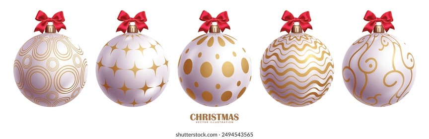 Navidades bolas blancas de diseño de conjunto de Vector. Navidades patrón bolas adorno con estampado elegante y Elementos de cinta roja para la temporada de vacaciones de la colección de adornos. Diseño de decoración redonda de Ilustración vectorial.