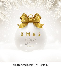 Christmas white bauble with glitter gold bow ribbon and type design. Christmas ball on a snow. Vector illustration. 