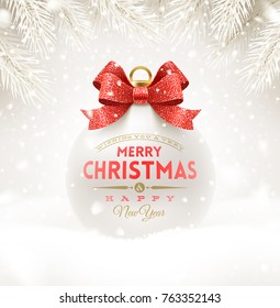 Christmas white bauble with glitter red bow ribbon and type design. Christmas ball on a snow. Vector illustration.