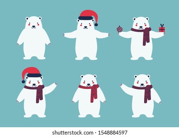 Christmas white bear set. Cute character design waving and greeting. Cartoon flat style. Vector illustration