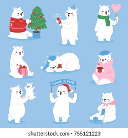 Christmas white bear vector animal cute beauty character funny style different poses celebrate Xmas holiday or New Year time. White big animal bear