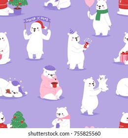 Christmas white bear vector animal cute beauty character funny style different poses celebrate Xmas holiday or New Year time. White big animal bear seamless pattern background