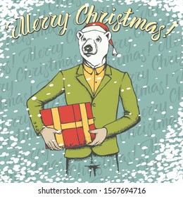 Christmas white bear vector illustration. Polar bear head on human body and lettering merry Christmas
