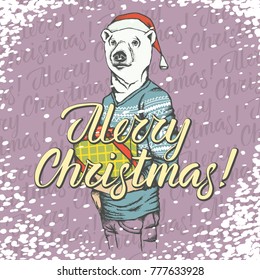 Christmas white bear vector illustration. Polar bear head on human body and lettering merry Christmas