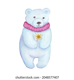 Christmas white bear. Watercolor bear holding a sparkler. Fireworks. Winter vector illustration.