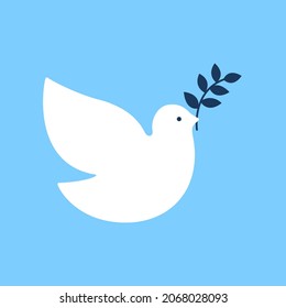 Christmas white bird dove with branch olive on blue background. Religion symbol of world peace. Holiday pigeon. Vector illustration