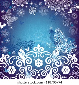 Christmas white and blue frame with snowflakes and snow butterfly (vector)