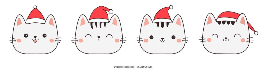Christmas white cat face icon set. Red Santa Claus hat. Kitten head. Cute cartoon kawaii funny character. Contour line doodle. Different emotions. Sticker print. Flat design. White background. Vector