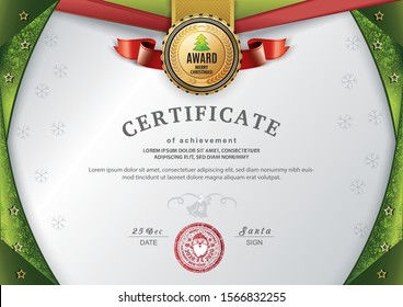 Christmas white certificate with Santa Claus in emblem. Winter background for New Year congratulations