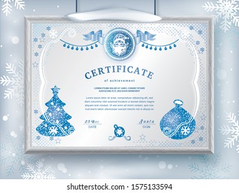 Christmas white certificate with Santa Claus and Christmas decoration. Winter frozen background for New Year congratulations. Blank hanging on wall