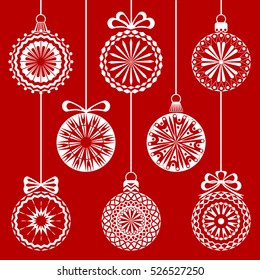 Christmas white cut  balls isolated background red. Set of 8 hanging baubles with ornaments. Vector illustration