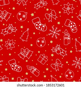 Christmas white decorations and gold stars, vector illustration, over red background, line icons, seamless pattern