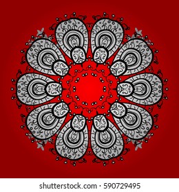 Christmas white doodles snowflake. White snowflakes on red and white background. Winter snow texture wallpaper. Symbol holiday, New Year celebration vector pattern with elements.