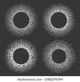 Christmas white empty snow frame with dots of particles. Set of abstract winter festive circular borders with place for text.