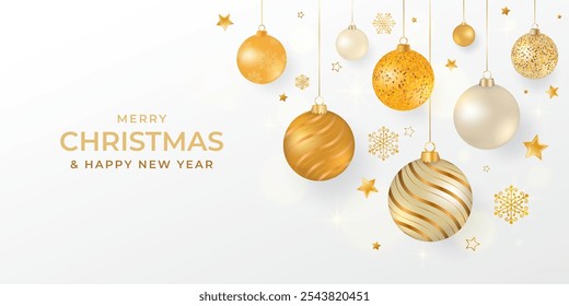Christmas White Festive Luxury Background with Gold Christmas balls. Realistic Elegant Christmas and New Year Background