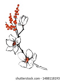 Christmas white flower and red holly berry branch. Holiday background. Winter retro textile design. Vector floral watercolor painting. Modern decorative invitation on white backdrop.