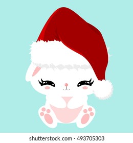 Christmas white fluffy cute bunny. Children's character. New Year poster. Bunny in a Santa Claus hat.