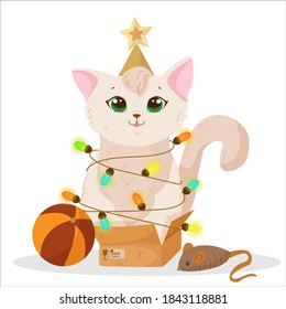 Christmas white fluffy spotted kitten, pet, plump cat sitting in a box among the garlands, Christmas decorations. vector illustration isolated on white background