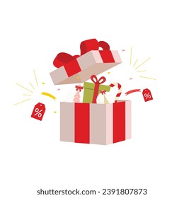 christmas white gift box red ribbon. xmas surprise present with discount voucher and christmas elements