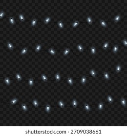 Guirnalda de luces de cuerda brillantes blancas de Navidades sobre fondo transparente. Ilustración vectorial