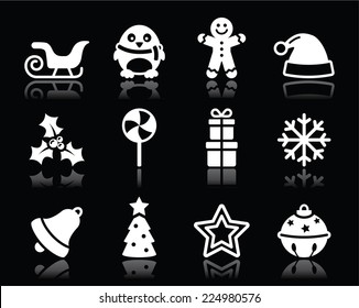 Christmas white icons set on black background