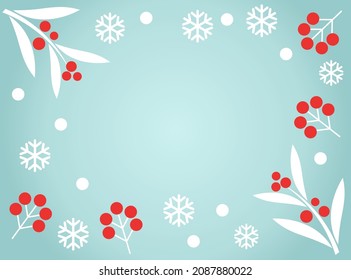 Christmas white leaves and red berries winter border on blue background. Vector illustration.