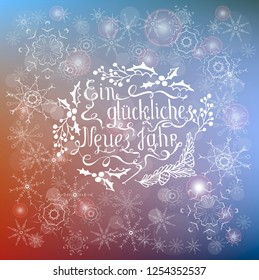 Christmas white lettering Ein glckliches neues jahr means Happy New Year in german language on blur blue background, typography banner floral cute design element for web, for print, for congratulation