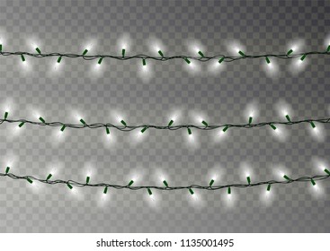 Christmas white lights string. Transparent effect decoration isolated on dark background. Realistic Christmas garland vector. Winter xmas glowing lights string, banner illustration.