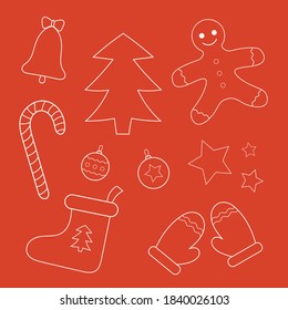 Christmas white line icons. Winter Holidays monochrome illustration for gift card, banners, menu design