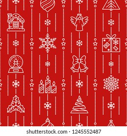 Christmas white line seamless pattern. Winter season ornate background. New Year snowflakes linear repeat ornament for paper wrap, fabric print, wallpaper decor. Outline vector illustration
