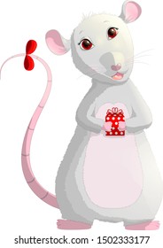 Christmas white metal Rat symbol Happy New Year 2020. Cute mouse holding a red gift with a ribbon. Funny animal in the Chinese zodiac. Vector illustration.