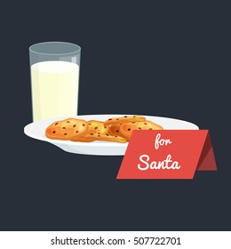 Christmas white milk in a glass with chocolate cookies on a plate and sign for Santa Claus, treats icon in the New Year's Eve vector illustration