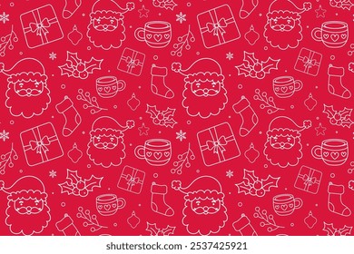 Christmas white outline ornaments seamless pattern on red background. Christmas wrapping paper design with line art Santa Claus head, gift box, Christmas stockings, holly and snowflakes 