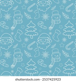 Christmas white outline ornaments seamless pattern on blue background. Christmas wrapping paper design with line art Santa Claus head, snowman, Christmas stockings, candy cane and Christmas trees