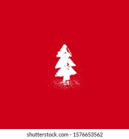 Christmas white painted  fir tree with snow on red background. Spruce sign isolated on white background. Vector flat illustration. Winter button. New year badge. 