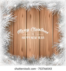 Christmas white pine branches on wooden background, vector illustration