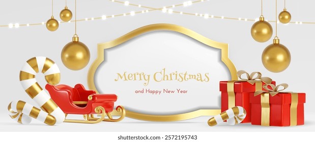 Christmas white podium with golden frame surrounded by festive decorations - red sleigh, striped candy canes, shimmering baubles, string lights and wrapped presents with gold ribbon for holiday banner