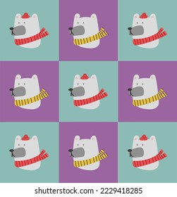 Christmas white polar bear head pattern on a purple blue background. Vector illustration of cute cartoon bear in warm red hat and red yellow scarf for greeting cards, prints