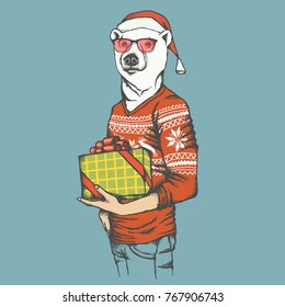 Christmas white polar bear vector illustration. White polar bear in human sweatshirt with gift. Christmas Polar bear in Santa hat