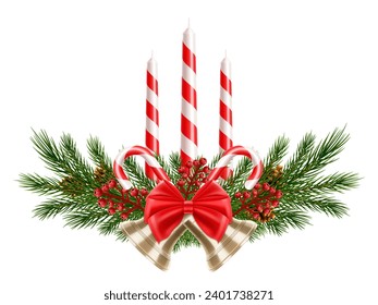 Christmas white and red striped wax candles combined with Christmas tree branches, Christmas candy canes, bright red bow and gold bells, isolated on white background. Realistic 3d vector illustration