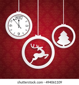 Christmas white rings with clock on the red background. Eps 10 vector file.