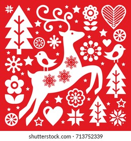 Christmas White Scandinavian Folk Art On Red, Reindeer, Birds And Flowers Decoration Or Greetings Card 