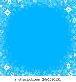Navidades de fondo de copo de nieve blanco. Nevadas fuertes, copos de nieve en diferentes Formas y formas. Muchos Elementos de copos fríos blancos sobre fondo azul.