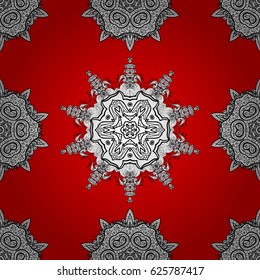 Christmas white snowflake ornamental pattern. Vintage snowflakes on red background. Winter snow texture wallpaper. Symbol holiday, New Year celebration vector white pattern.