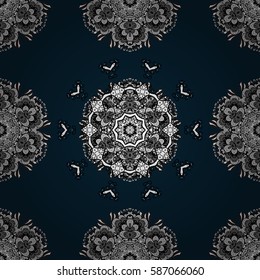 Christmas white snowflake seamless pattern. Golden snowflakes on blue background. Winter snow texture wallpaper. Symbol holiday, New Year celebration vector white pattern.