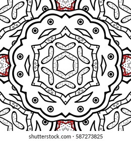 Christmas white snowflake seamless pattern. Golden snowflakes on red background. Winter snow texture wallpaper. Symbol holiday, New Year celebration vector white pattern.