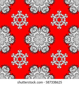 Christmas white snowflake seamless pattern. Golden snowflakes on red background. Winter snow texture wallpaper. Symbol holiday, New Year celebration vector white pattern.