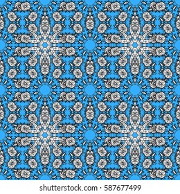 Christmas white snowflake seamless pattern. Golden snowflakes on blue background. Winter snow texture wallpaper. Symbol holiday, New Year celebration vector white pattern.